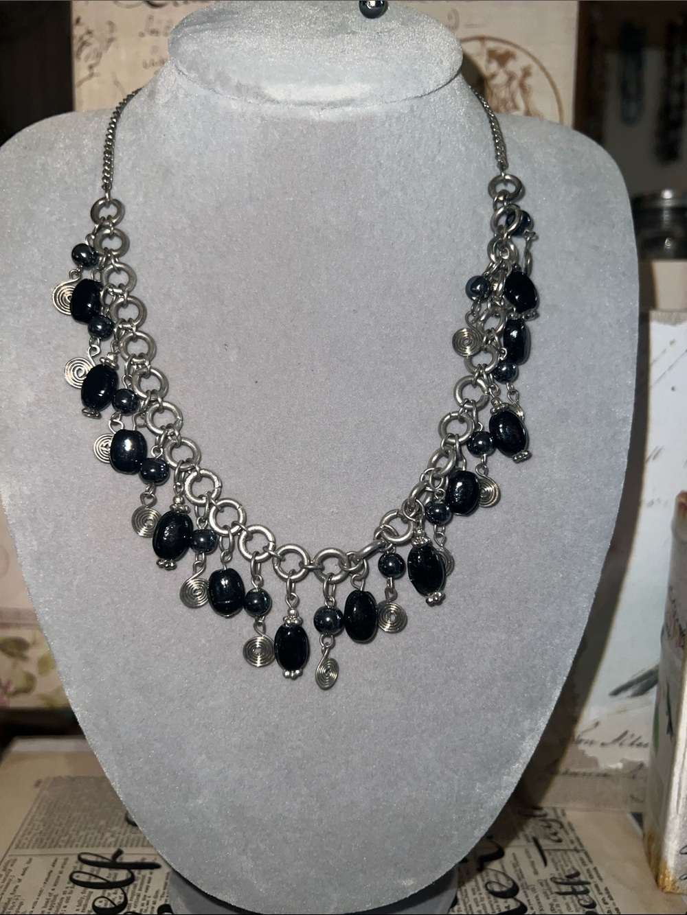 Women's Silver Chain Necklace with Black Beads - Elegant Drop Charm Design